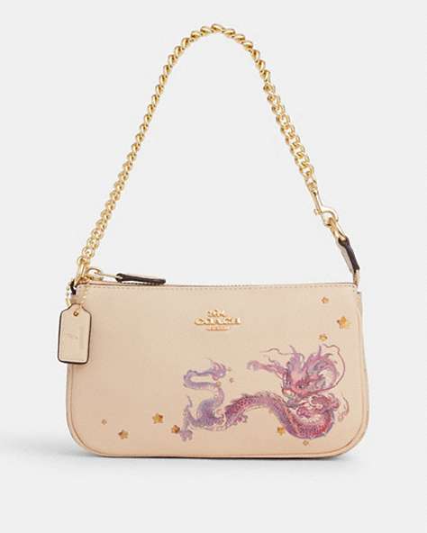 COACH®,NEW YEAR NOLITA 19 WITH CHAIN WITH SIGNATURE CANVAS AND DRAGON,Leather,Mini,Gold/Light Khaki/Ivory Multi,Front View