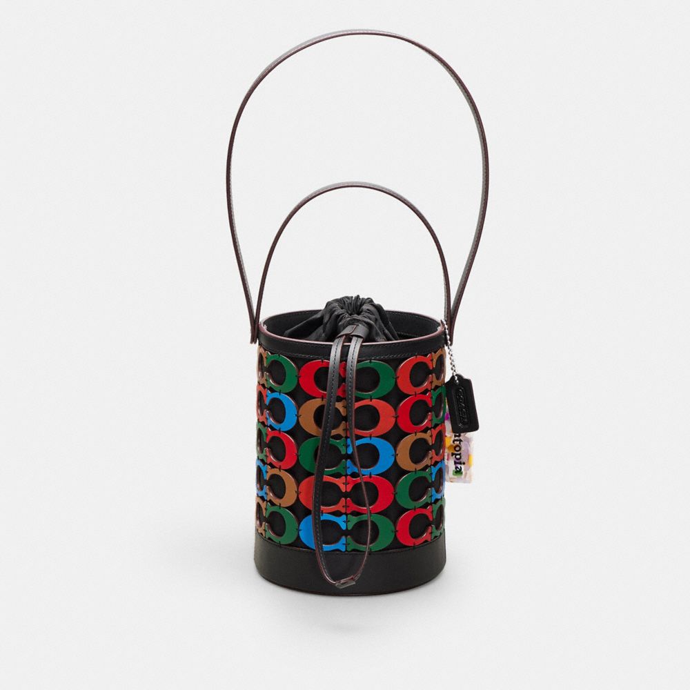 black multicolor bucket bag