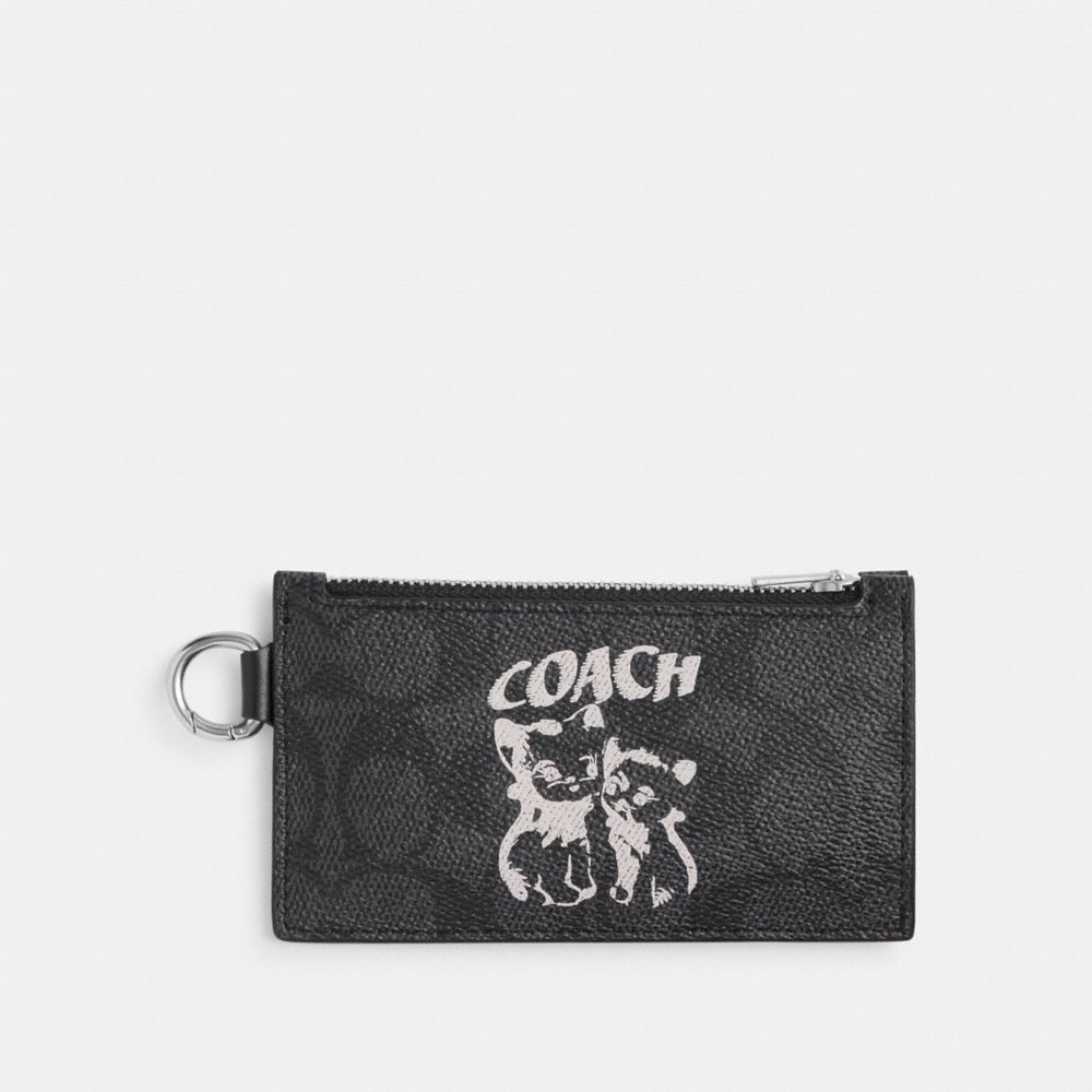 COACH®,THE LIL NAS X DROP ZIP CARD CASE IN SIGNATURE CANVAS,Signature Coated Canvas,Mini,Charcoal,Front View image number 0