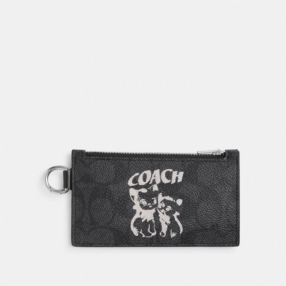 COACH®,THE LIL NAS X DROP ZIP CARD CASE IN SIGNATURE CANVAS,Signature Coated Canvas,Mini,Charcoal,Front View