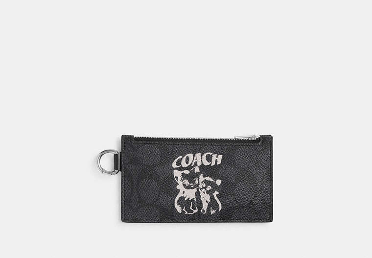 COACH®,THE LIL NAS X DROP ZIP CARD CASE IN SIGNATURE CANVAS,Signature Coated Canvas,Mini,Charcoal,Front View image number 0