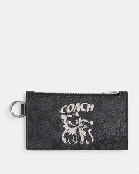 COACH®,THE LIL NAS X DROP ZIP CARD CASE IN SIGNATURE CANVAS,Signature Coated Canvas,Mini,Charcoal,Front View