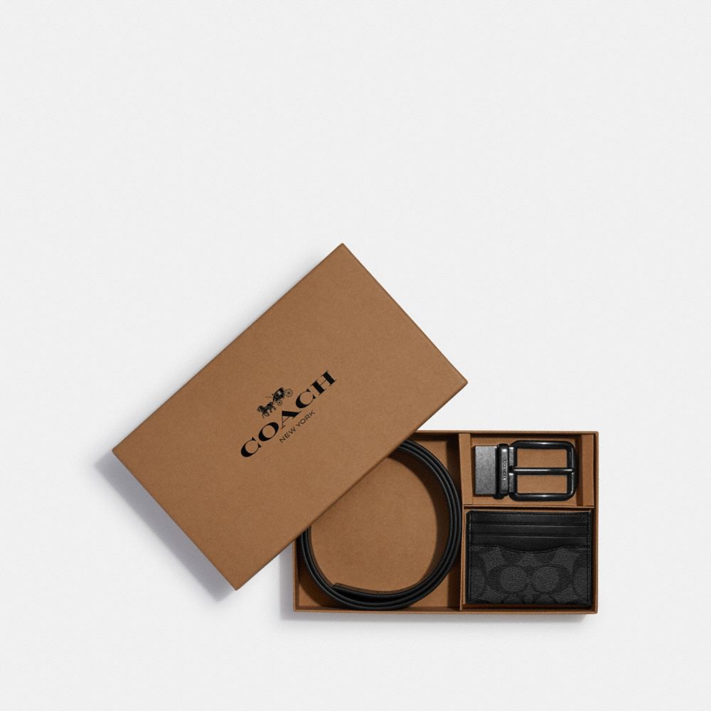 COACH®,BOXED CARD CASE AND BELT GIFT SET IN COLORBLOCK SIGNATURE CANVAS,Gunmetal/Charcoal/Black,Front View image number 0