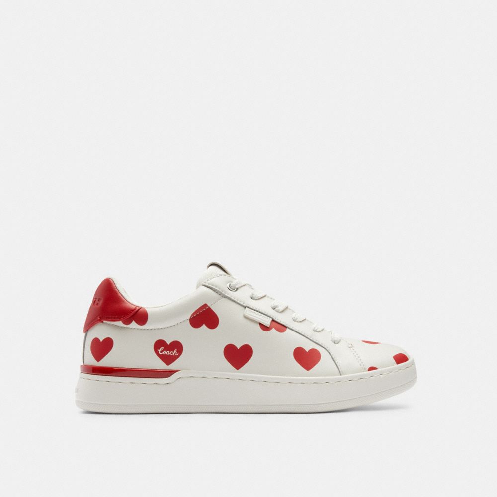 COACH®,LOWLINE LOW TOP SNEAKER WITH VALENTINE'S PRINT,Leather,Chalk/Sport Red,Angle View