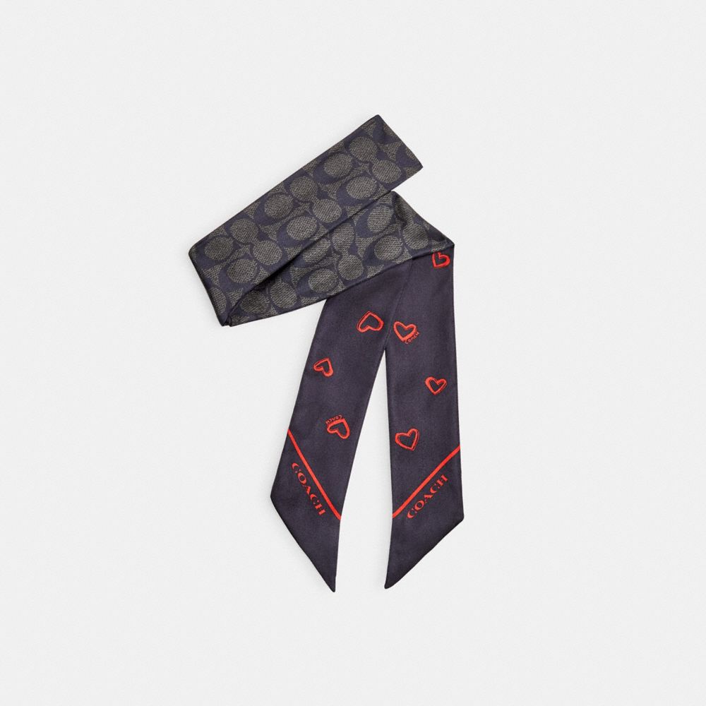 COACH®,HEARTS PRINT SILK SKINNY SCARF,Silk,Black/Red,Front View image number 0