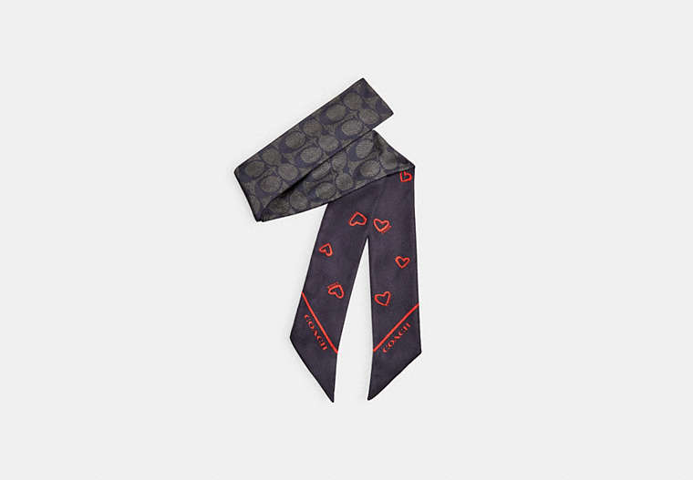 COACH®,HEARTS PRINT SILK SKINNY SCARF,Silk,Black/Red,Front View