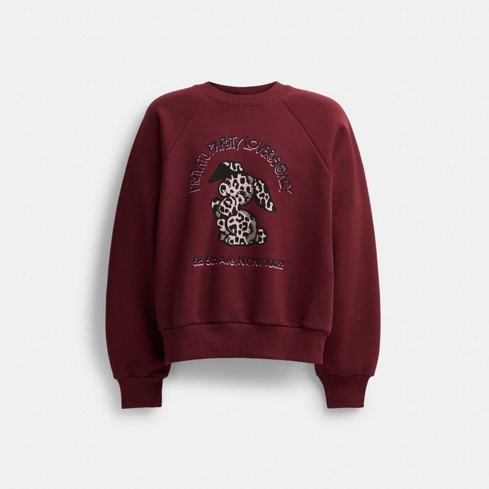 COACH®,THE LIL NAS X DROP BUNNY CREWNECK SWEATSHIRT,Cotton/Polyester,Burgundy,Front View image number 0