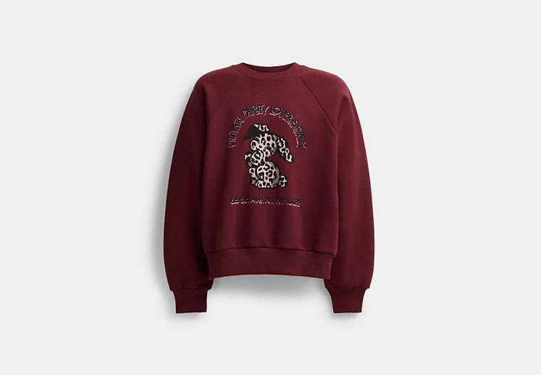 COACH®,THE LIL NAS X DROP BUNNY CREWNECK SWEATSHIRT,Cotton/Polyester,Burgundy,Front View image number 0