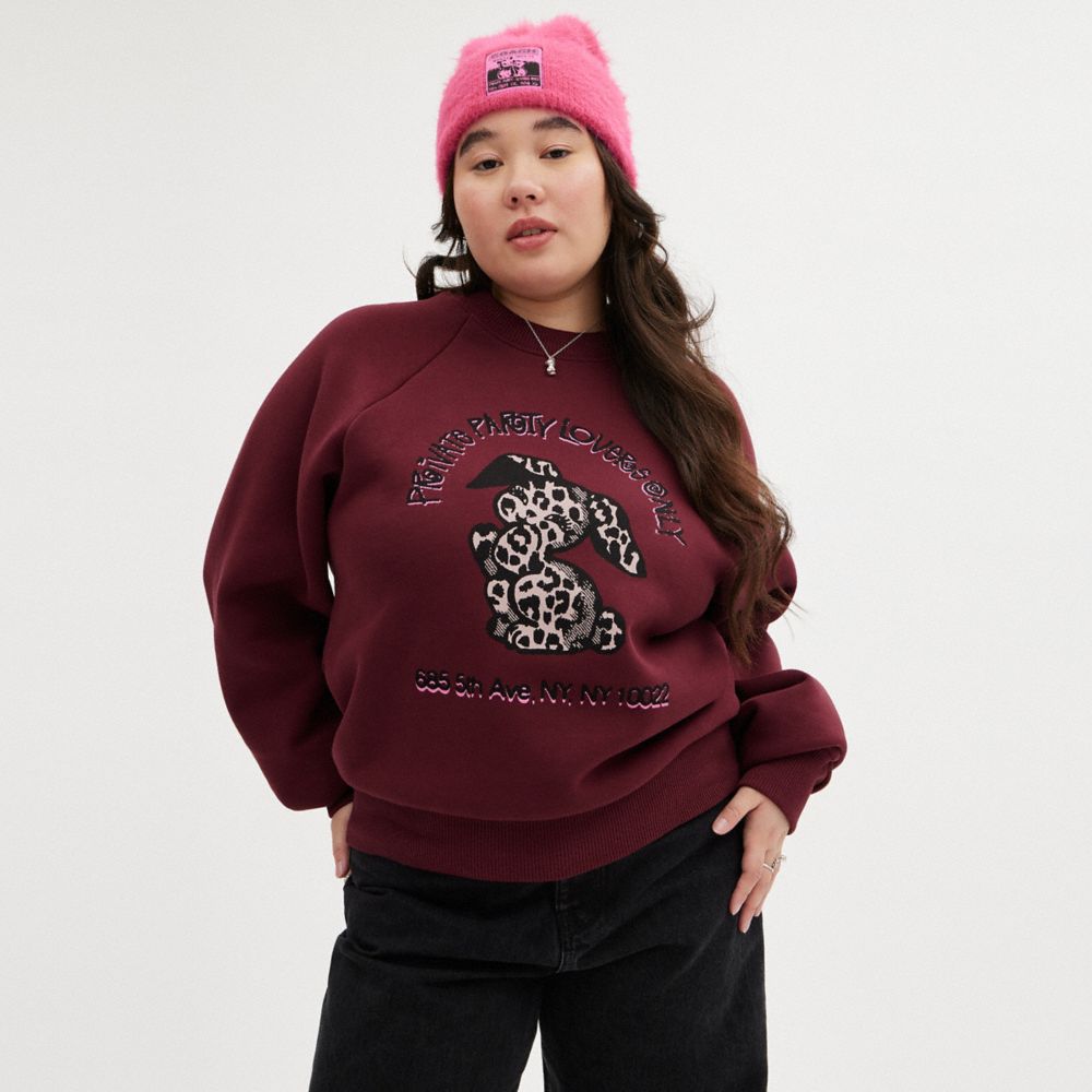 COACH®,THE LIL NAS X DROP BUNNY CREWNECK SWEATSHIRT,Cotton/Polyester,Burgundy,Scale View