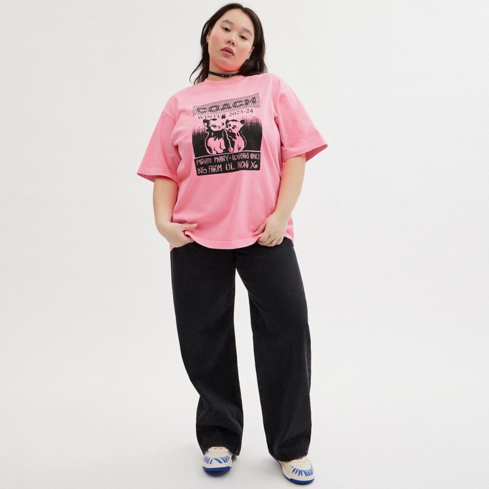 COACH®,The Lil Nas X Drop Cats T Shirt,Cotton,T Shirt,Word Embellishment,Graphic,Casual,Pink,Scale View