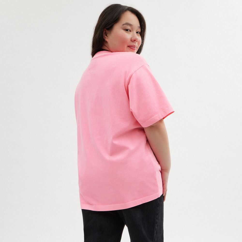 COACH®,The Lil Nas X Drop Cats T Shirt,Cotton,T Shirt,Word Embellishment,Graphic,Casual,Pink,Scale View