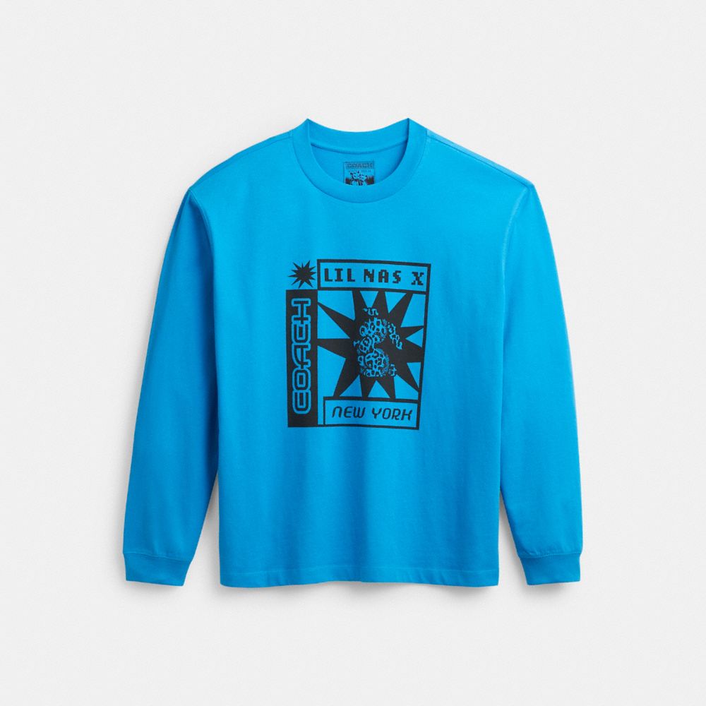 COACH®,THE LIL NAS X DROP LONG SLEEVE SUN T-SHIRT,cotton,Blue,Front View image number 0