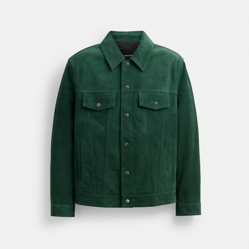 COACH®,SUEDE LEATHER JACKET,Suede,Green,Front View