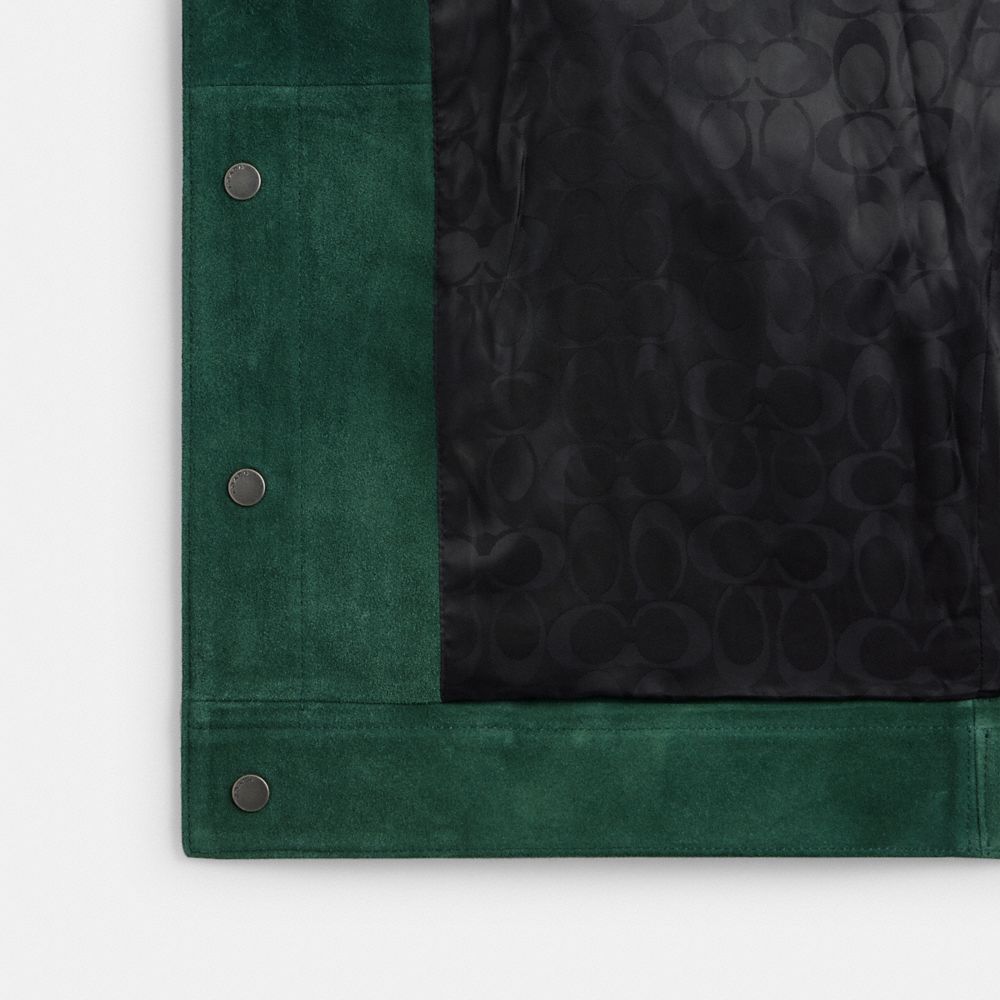 COACH®,Suede Leather Jacket,Viscose,Calf Hair,Polyester,Suede,Jacket,No Embellishment,Casual,Emerald,Inside View,Top View