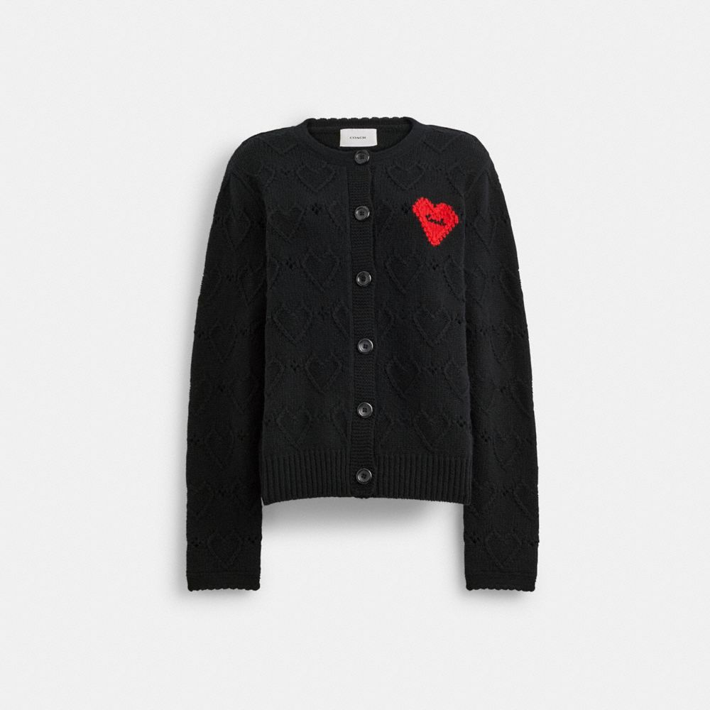 COACH®,POINTELLE HEART CARDIGAN,wool,Black,Front View