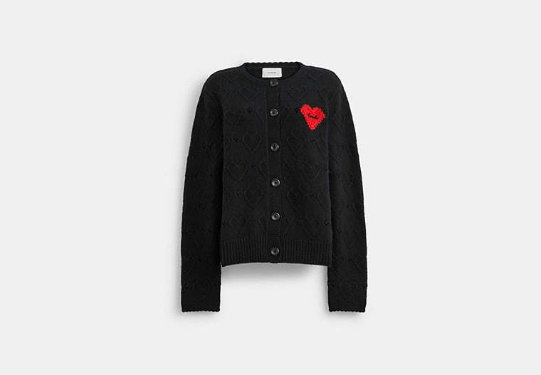 COACH®,POINTELLE HEART CARDIGAN,wool,Black,Front View