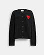 COACH®,POINTELLE HEART CARDIGAN,wool,Black,Front View