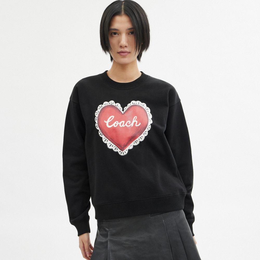 COACH®,HEART CREWNECK SWEATER,cotton,Black,Scale View