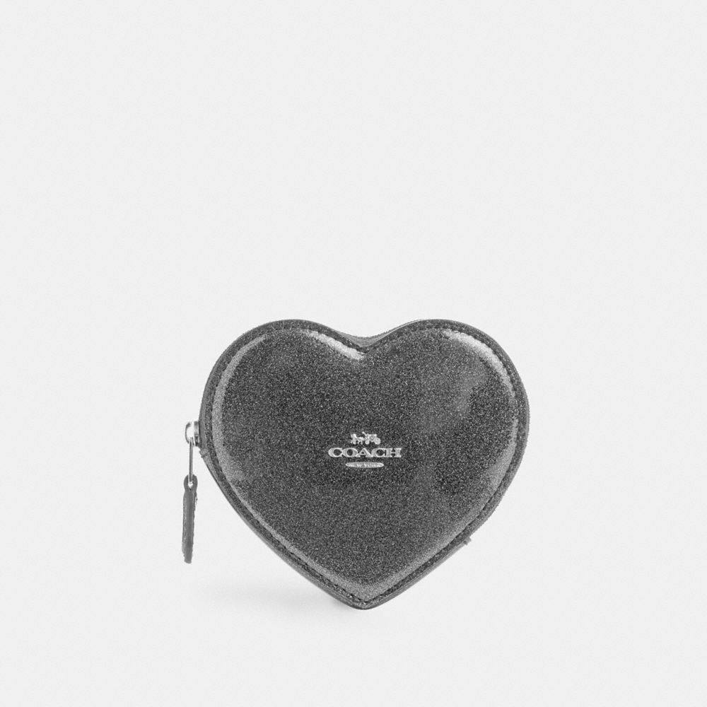 COACH®,HEART COIN CASE,Novelty Leather,Mini,Silver/Gunmetal,Front View