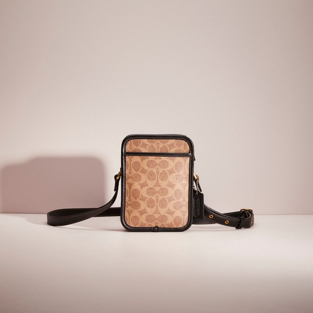 COACH®,Restored Zip Camera Bag,Leather,Crossbody,Piping,Casual,Brown,Front View