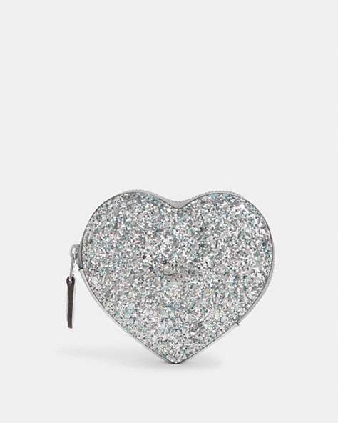 COACH®,HEART COIN CASE,Leather,Mini,Silver/Silver,Front View