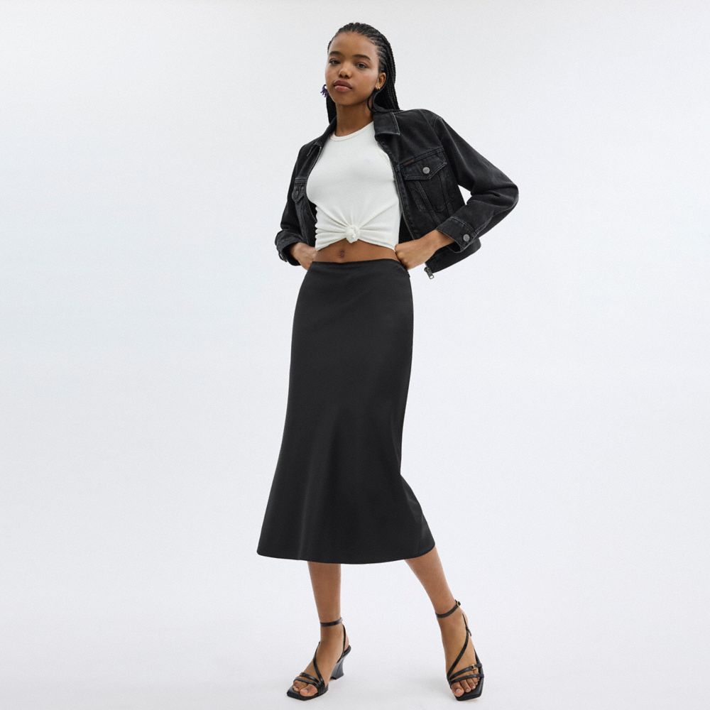 COACH®,LONG SATIN MIDI SKIRT,Black,Scale View