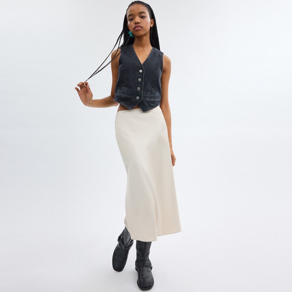 COACH®,Long Satin Midi Skirt,Recycled Polyester,Polyester,Straight,Logo,Embroidered,Sustainable,Work,,Scale View