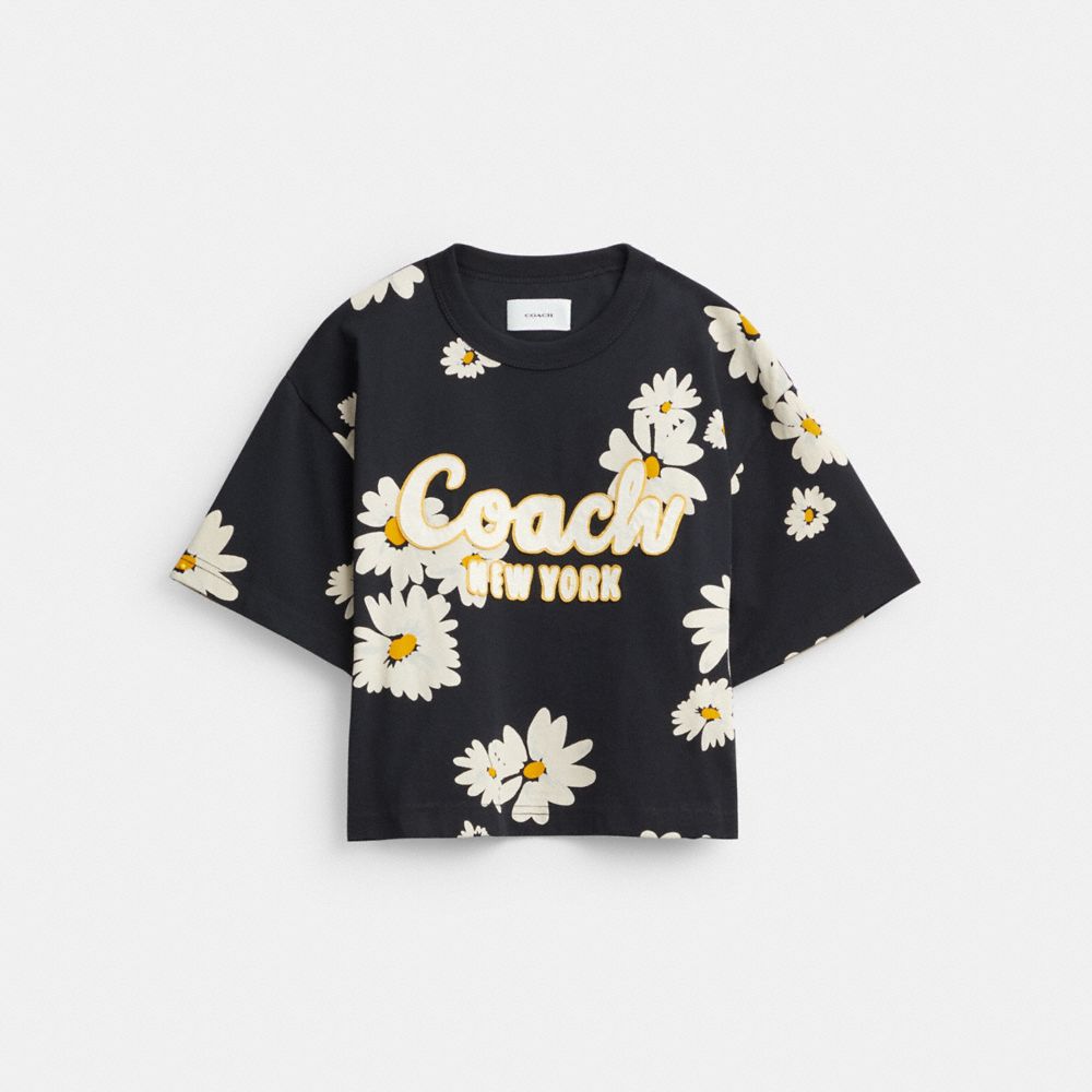 COACH®,FLORAL CROPPED SIGNATURE SCRIPT T-SHIRT IN ORGANIC COTTON,Organic Cotton,Black,Front View