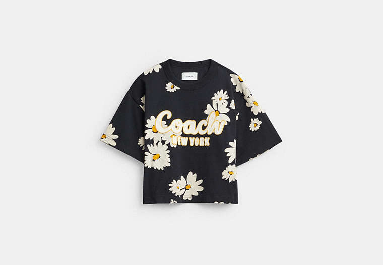 COACH®,FLORAL CROPPED SIGNATURE SCRIPT T-SHIRT IN ORGANIC COTTON,Black,Front View image number 0