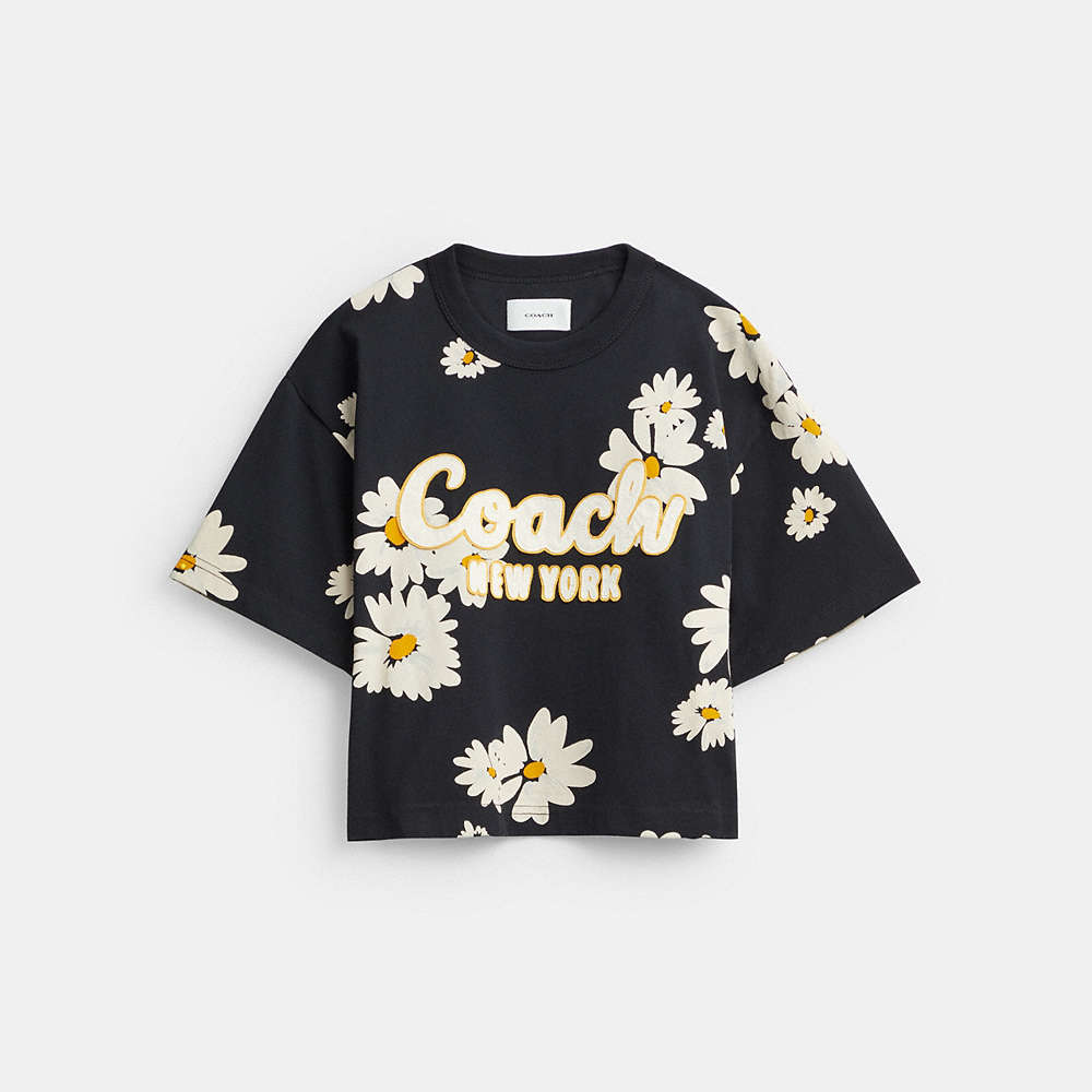Coach Floral Cropped Signature Script T Shirt In Organic Cotton In Black