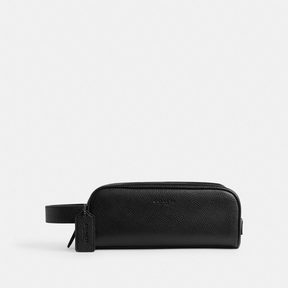 COACH®,Travel Kit,Leather,Toiletry Bag,Embossed,Logo,Travel,Black,Front View image number 0