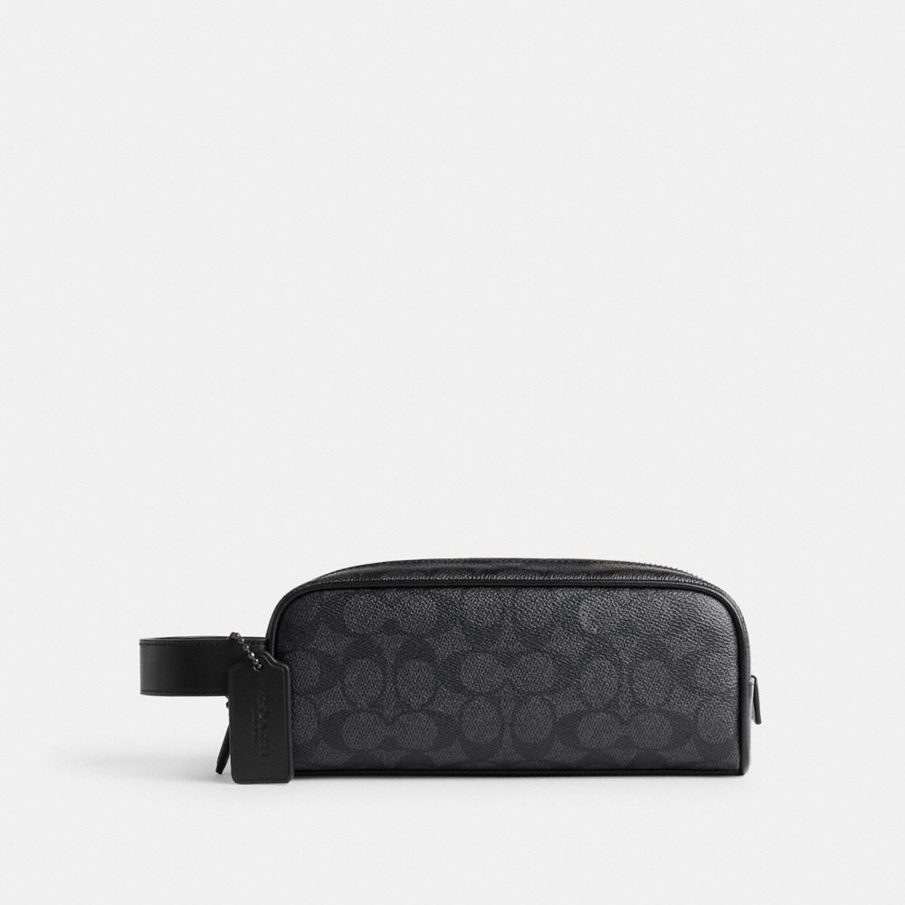 COACH®,Travel Kit In Signature Canvas,Leather,Toiletry Bag,Travel,Black,Front View