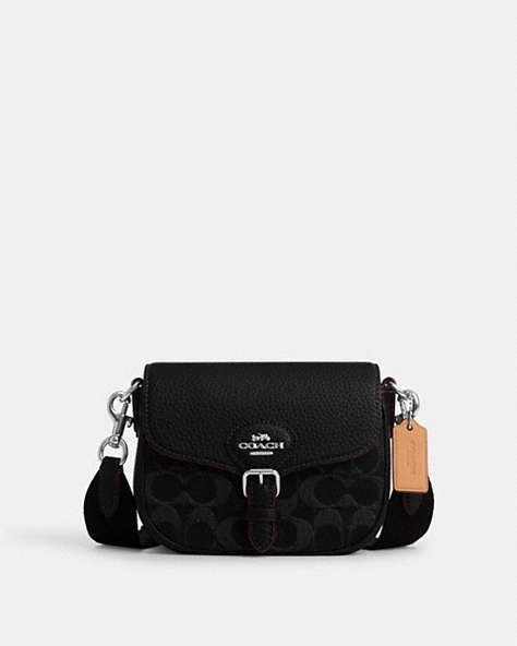 COACH®,AMELIA SMALL SADDLE BAG IN SIGNATURE DENIM,Leather,Silver/Black,Front View