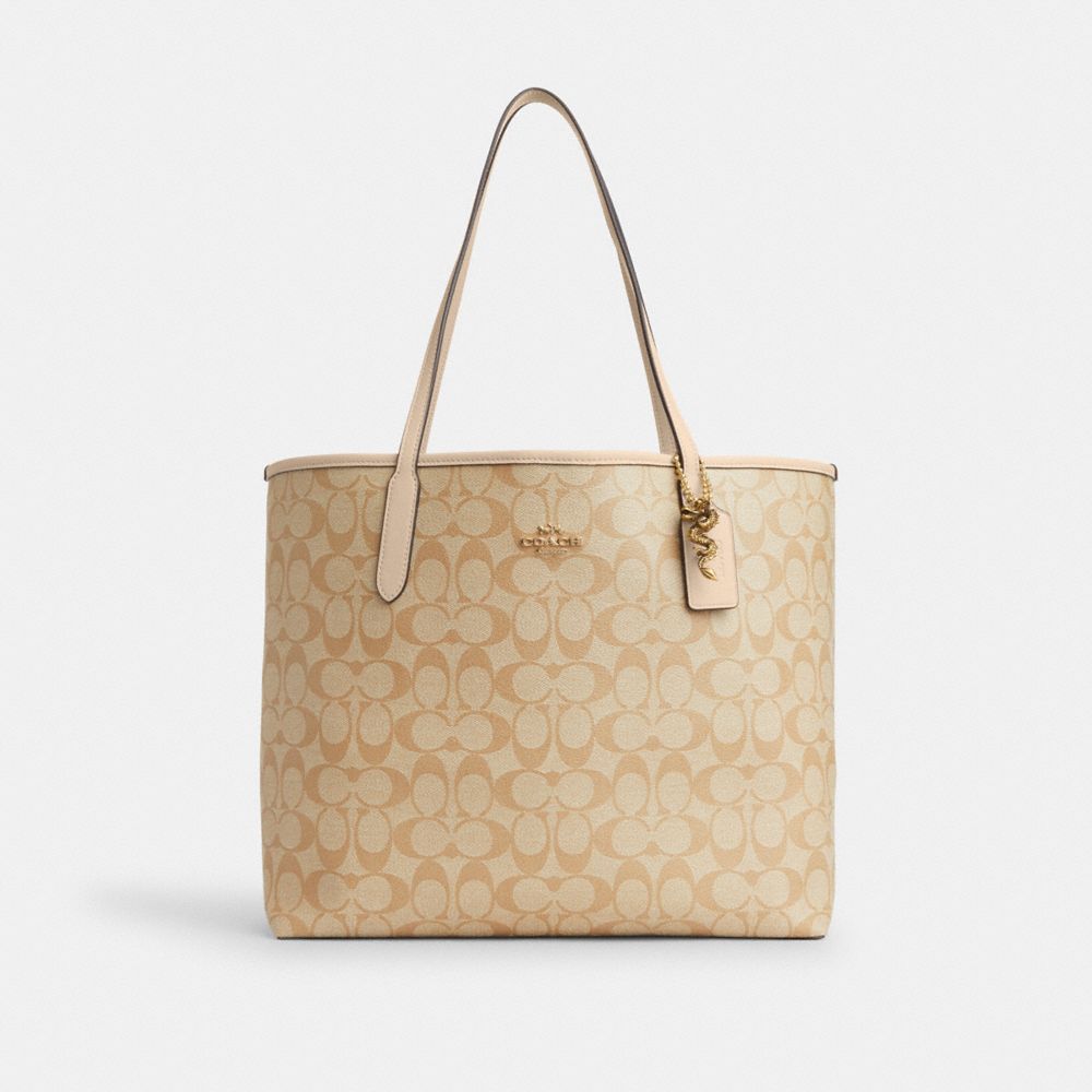 COACH®,NEW YEAR CITY TOTE BAG WITH DRAGON,Novelty Print,X-Large,Gold/Light Khaki/Ivory Multi,Front View