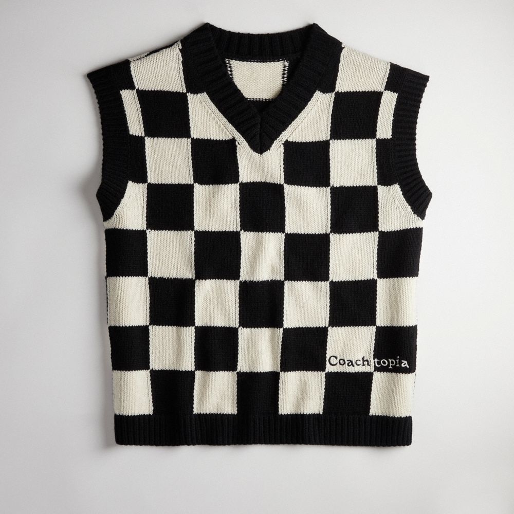 COACH®,Checkerboard Sweater Vest,Checkerboard,Black/Cloud,Front View