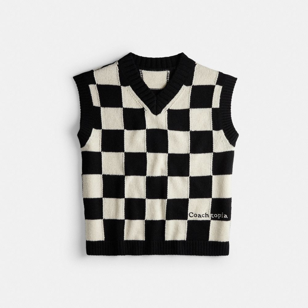 COACH®,Sweater Vest With Checkerboard Pattern,Wool,Sweater,Logo,Embroidered,Casual,Multi Color,Front View