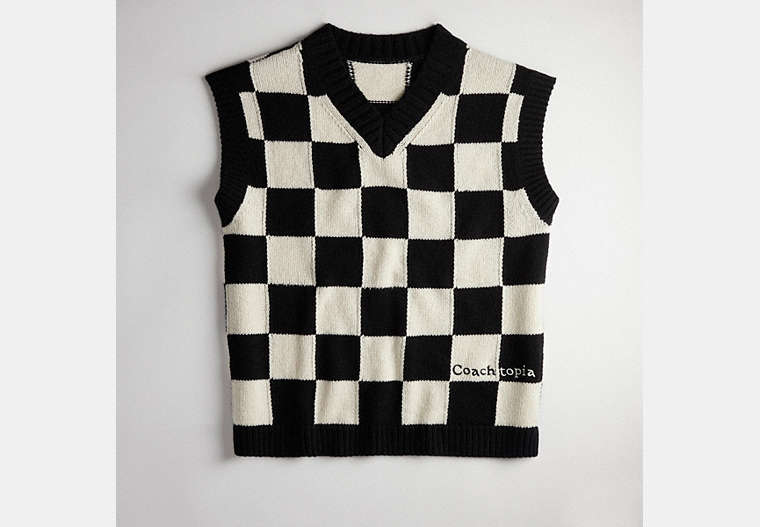 COACH®,Checkerboard Sweater Vest,Checkerboard,Black/Cloud,Front View