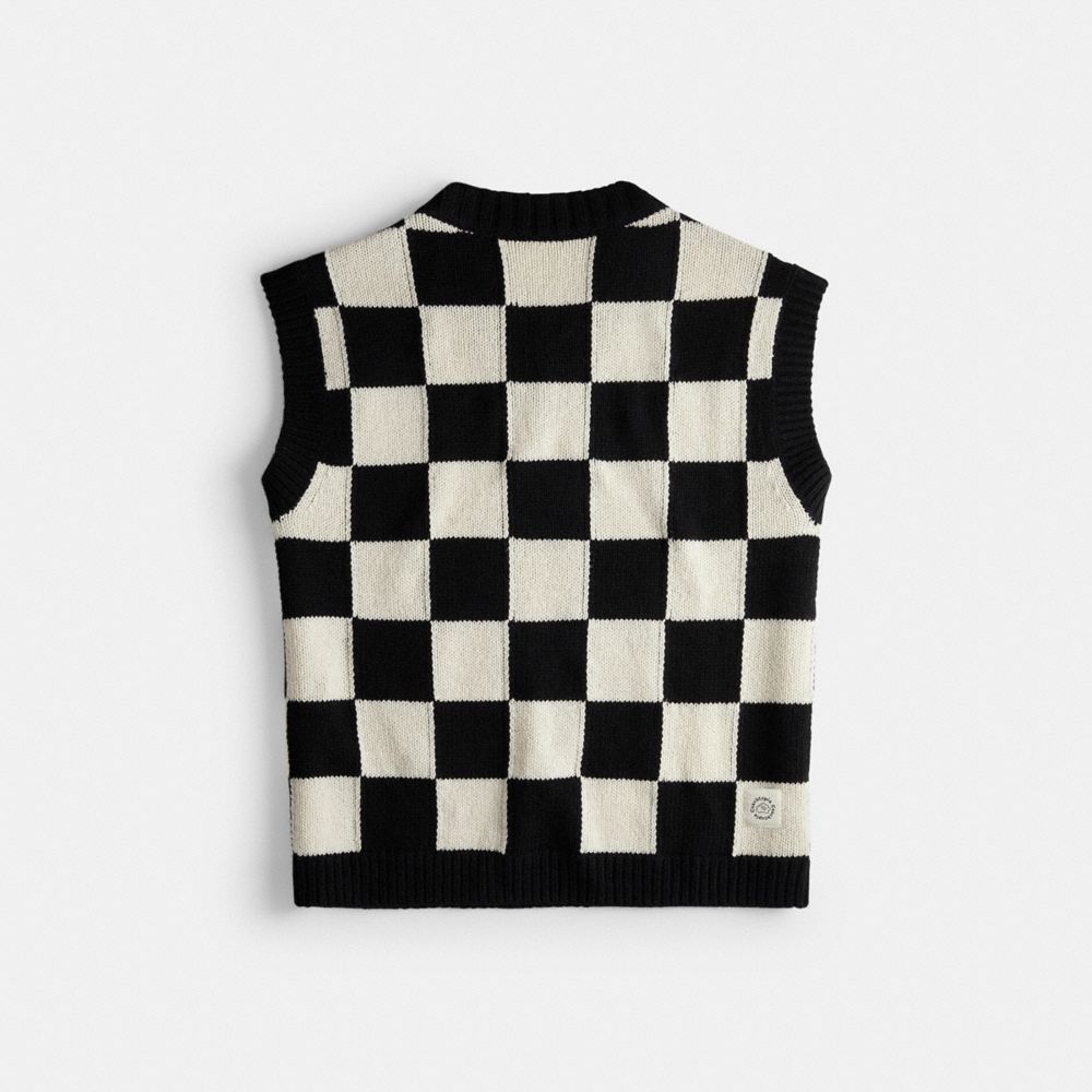 COACH®,Checkerboard Sweater Vest,Checkerboard,Black/Cloud,Back View