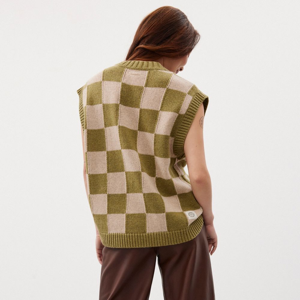 COACH®,Gilet en tricot à damier,Damier,Beige/Vert,Scale View