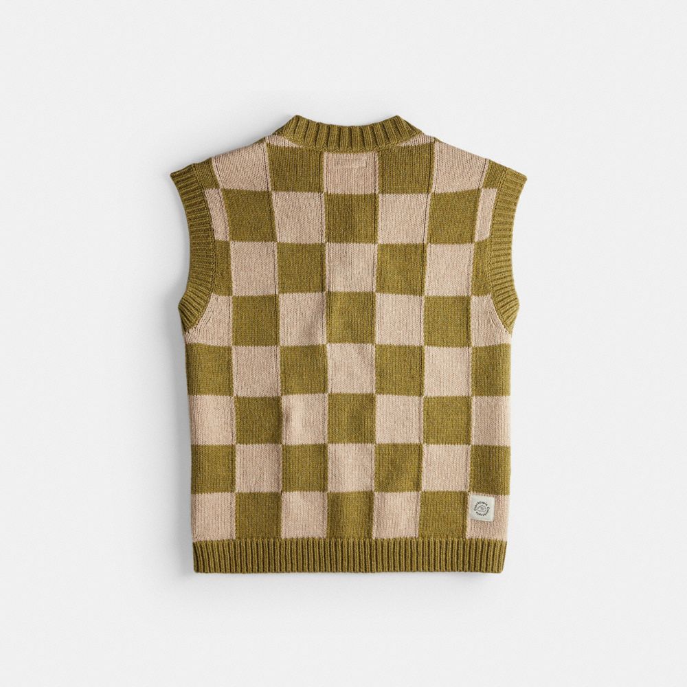 COACH®,Gilet en tricot à damier,Damier,Beige/Vert,Back View