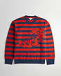 COACH®,Striped Crewneck Sweater with Intarsia Caterpillar Graphic,Deep Orange/Navy,Front View