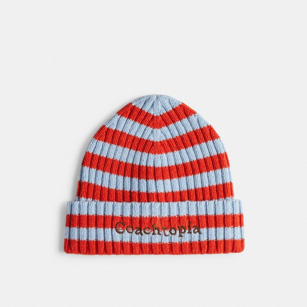 COACH®,Striped Beanie,Deep Orange/Twilight,Front View