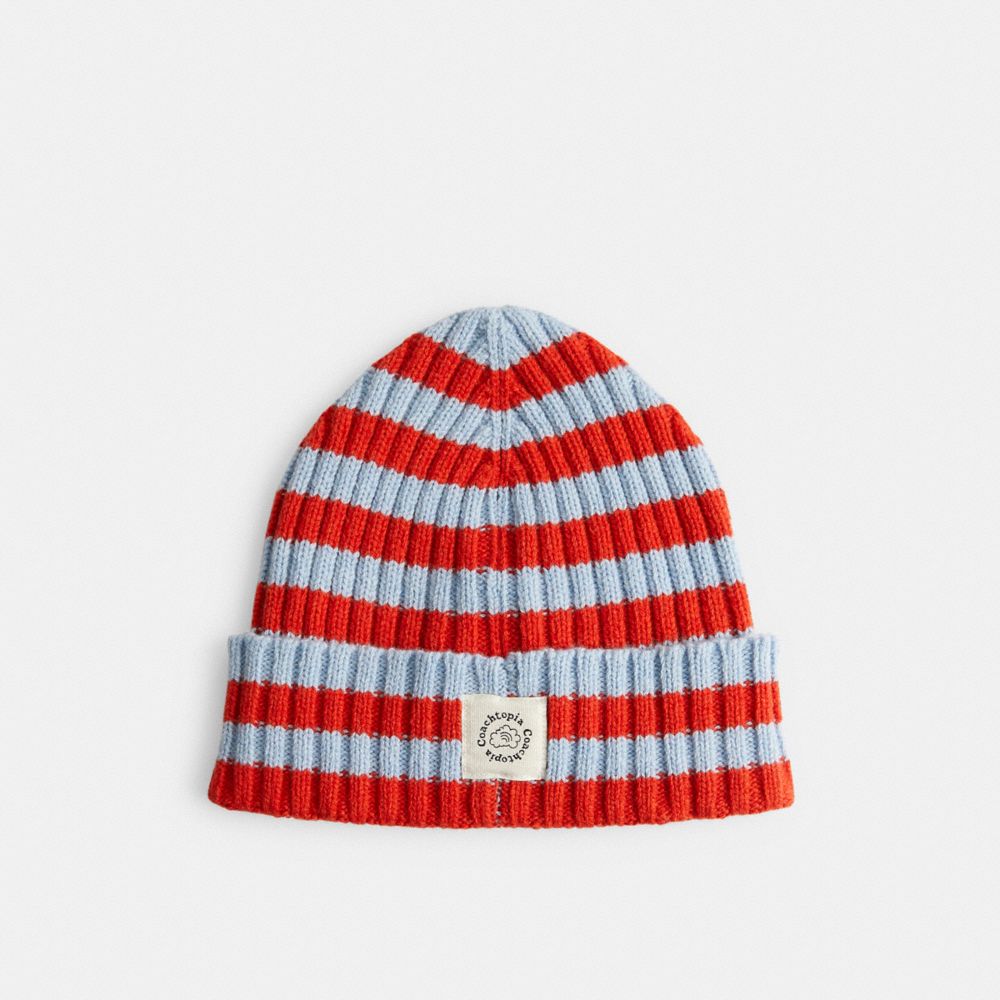 COACH®,Bonnet rayé,98 % laine recyclée, 2 % autres fibres,Orange profond/Crépuscule,Back View