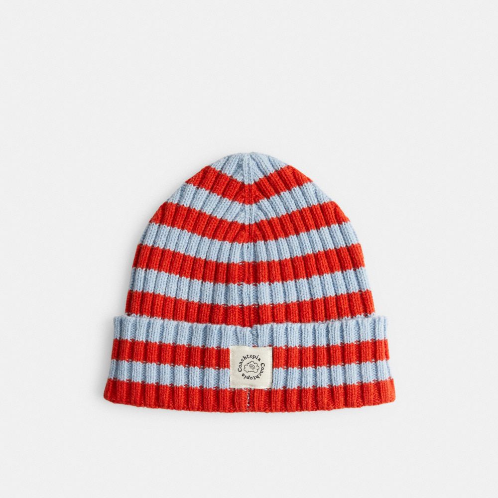 COACH®,Striped Beanie,Deep Orange/Twilight,Back View