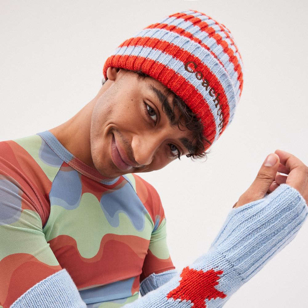 COACH®,Beanie With Stripe Pattern,Beanie,Logo,Embroidered,Ribbed,Casual,Multi Color,Detail View