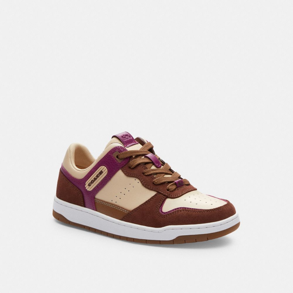 COACH®,C201 LOW TOP SNEAKER,Ivory/Deep Plum,Front View