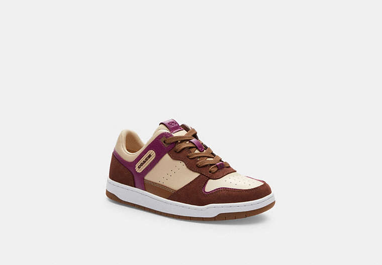 COACH®,C201 LOW TOP SNEAKER,Suede,Ivory/Deep Plum,Front View