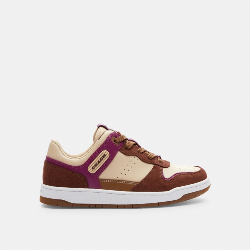 COACH®,C201 LOW TOP SNEAKER,Ivory/Deep Plum,Angle View