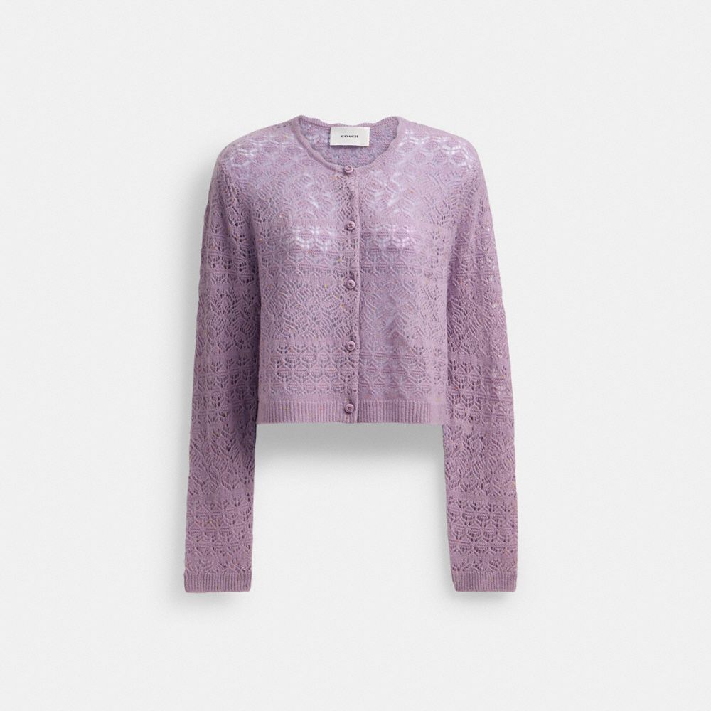 COACH®,CARDIGAN EN TRICOT ET DENTELLE,Violet,Front View