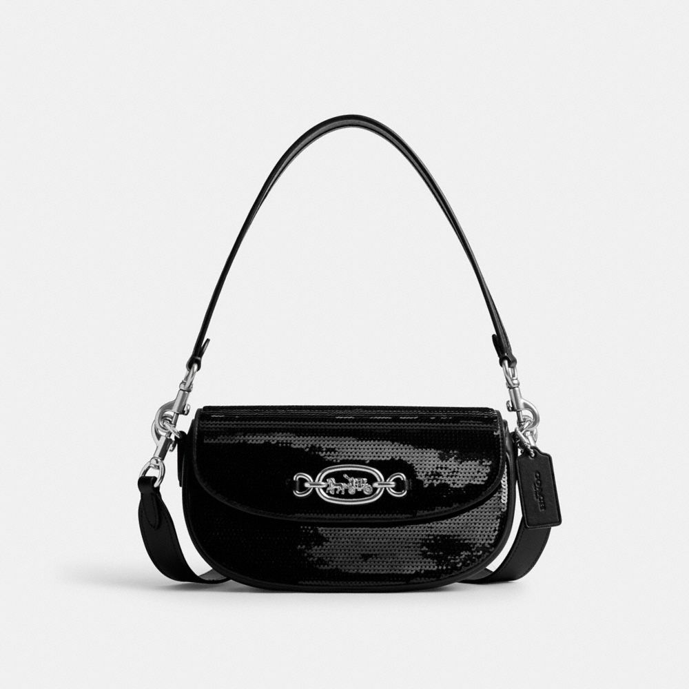 COACH®,HARLEY SHOULDER BAG 23 WITH SEQUINS,Glovetan Leather,Small,Silver/Black,Front View